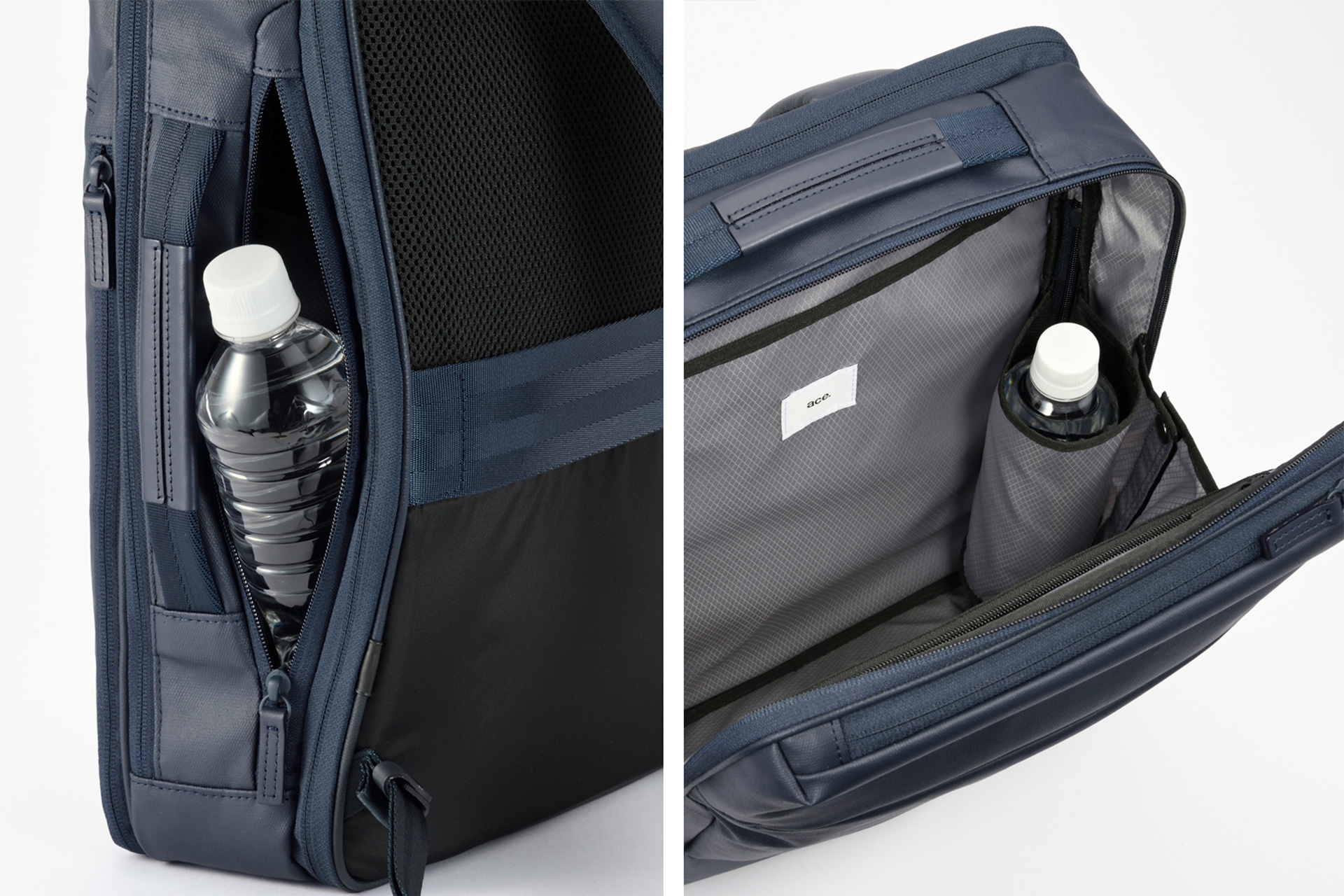 内側に吸水速乾メッシュを採用した2WAYスルーポケット。ペットボトルなどを収納できる