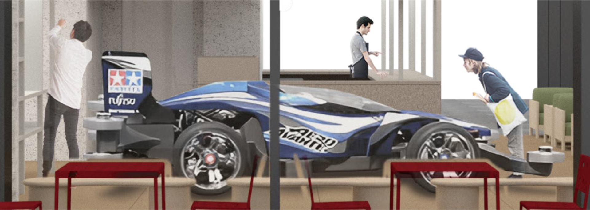実際の車と同じサイズのミニ四駆も展示する「TAMIYA PLAMODEL FACTORY TOKYO」を開業