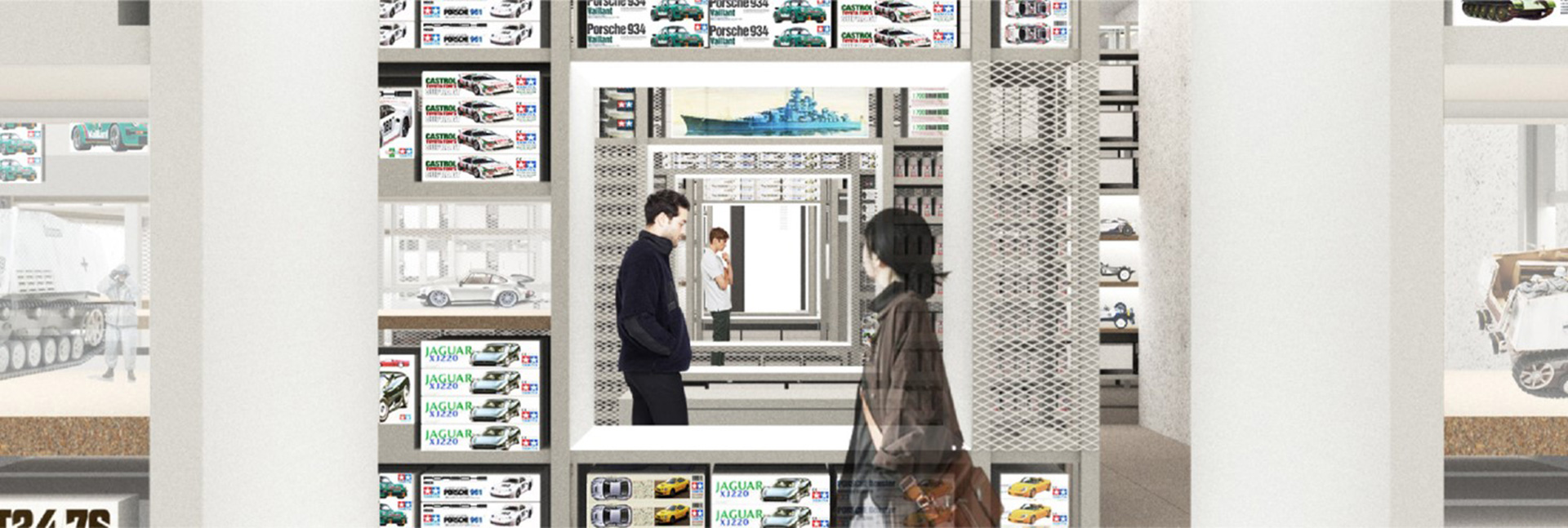 店内にジグザグに設置される商品棚