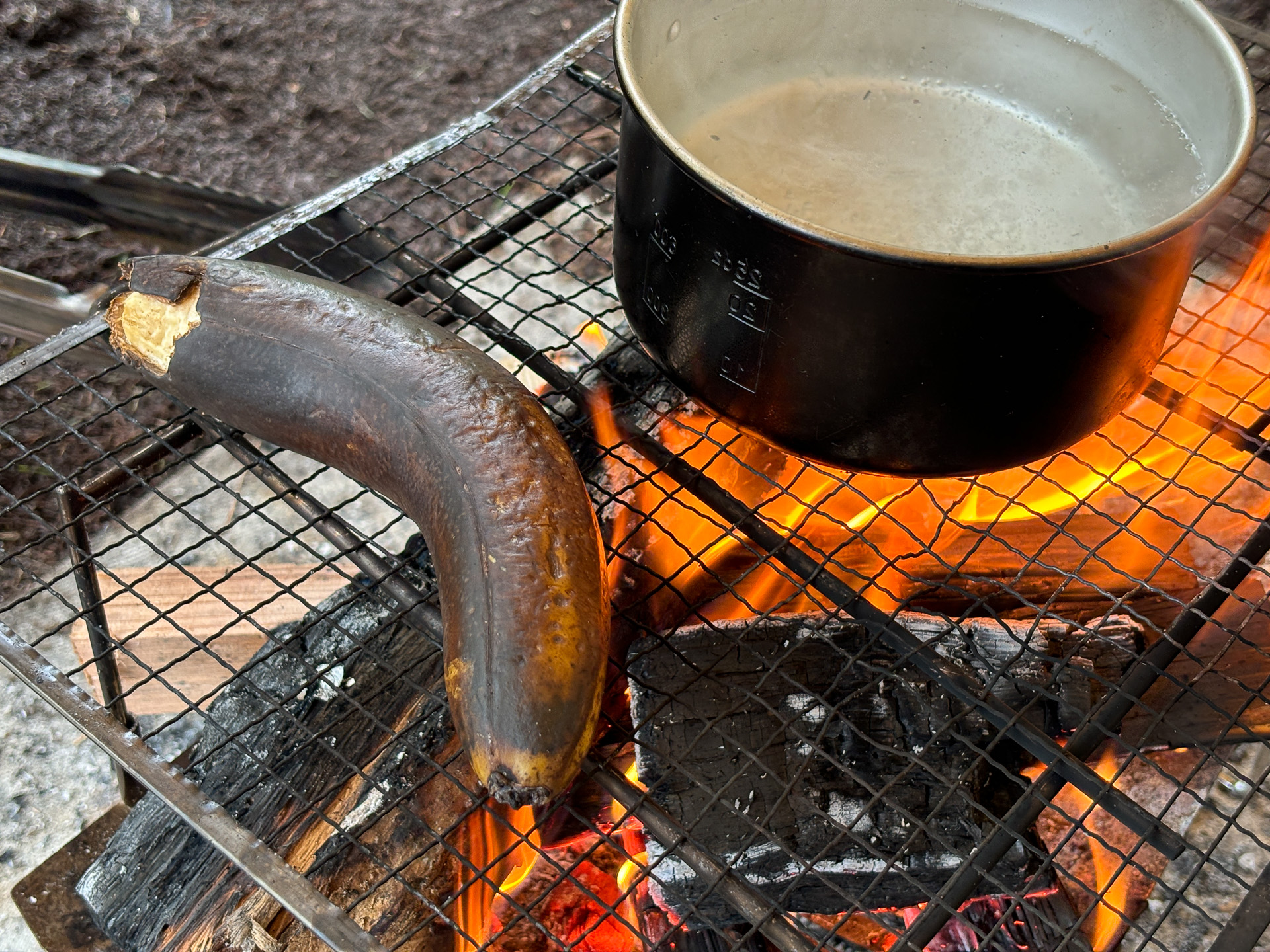 焚き火でじっくり焼いたトロトロの焼きバナナ