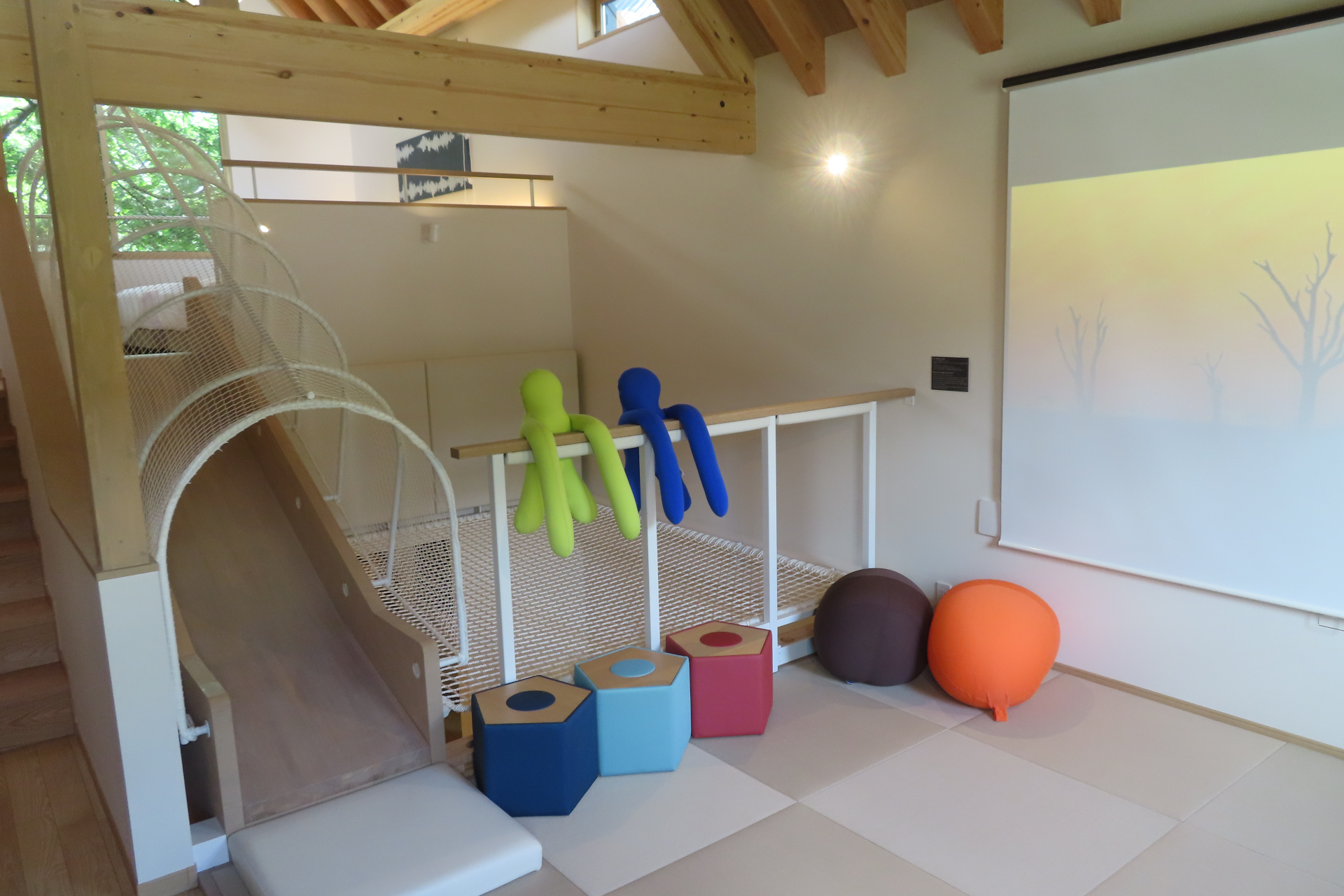 天空ネット遊具や滑り台が設置された部屋