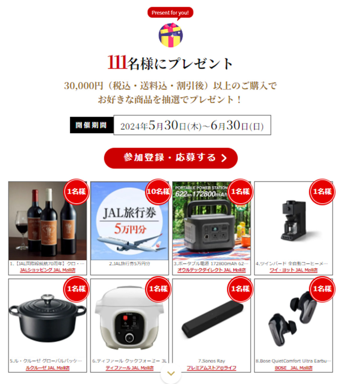 抽選で111人に賞品が当たる