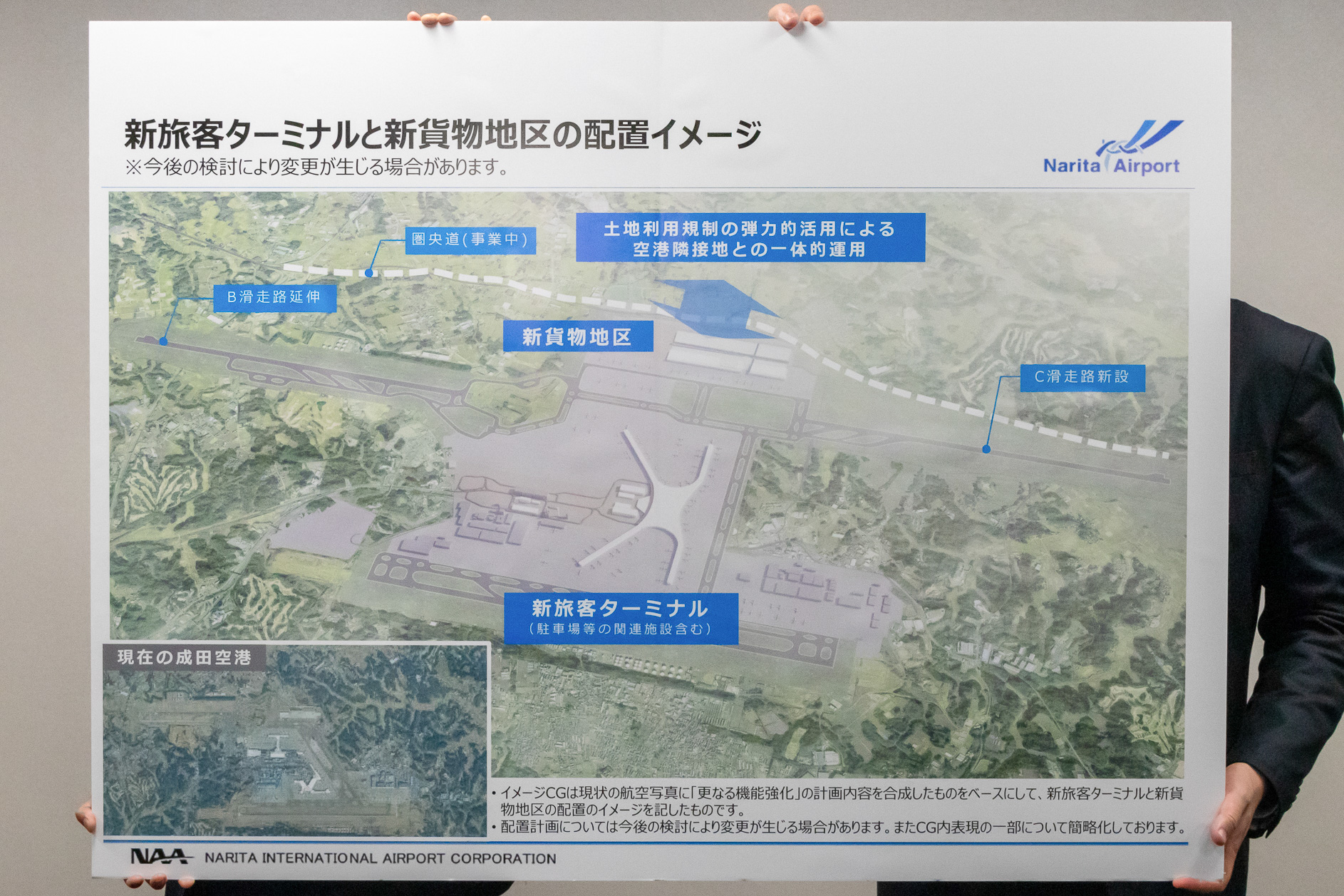 新旅客ターミナルと新貨物地区の配置イメージ。新ターミナルはロングピア型を想定している