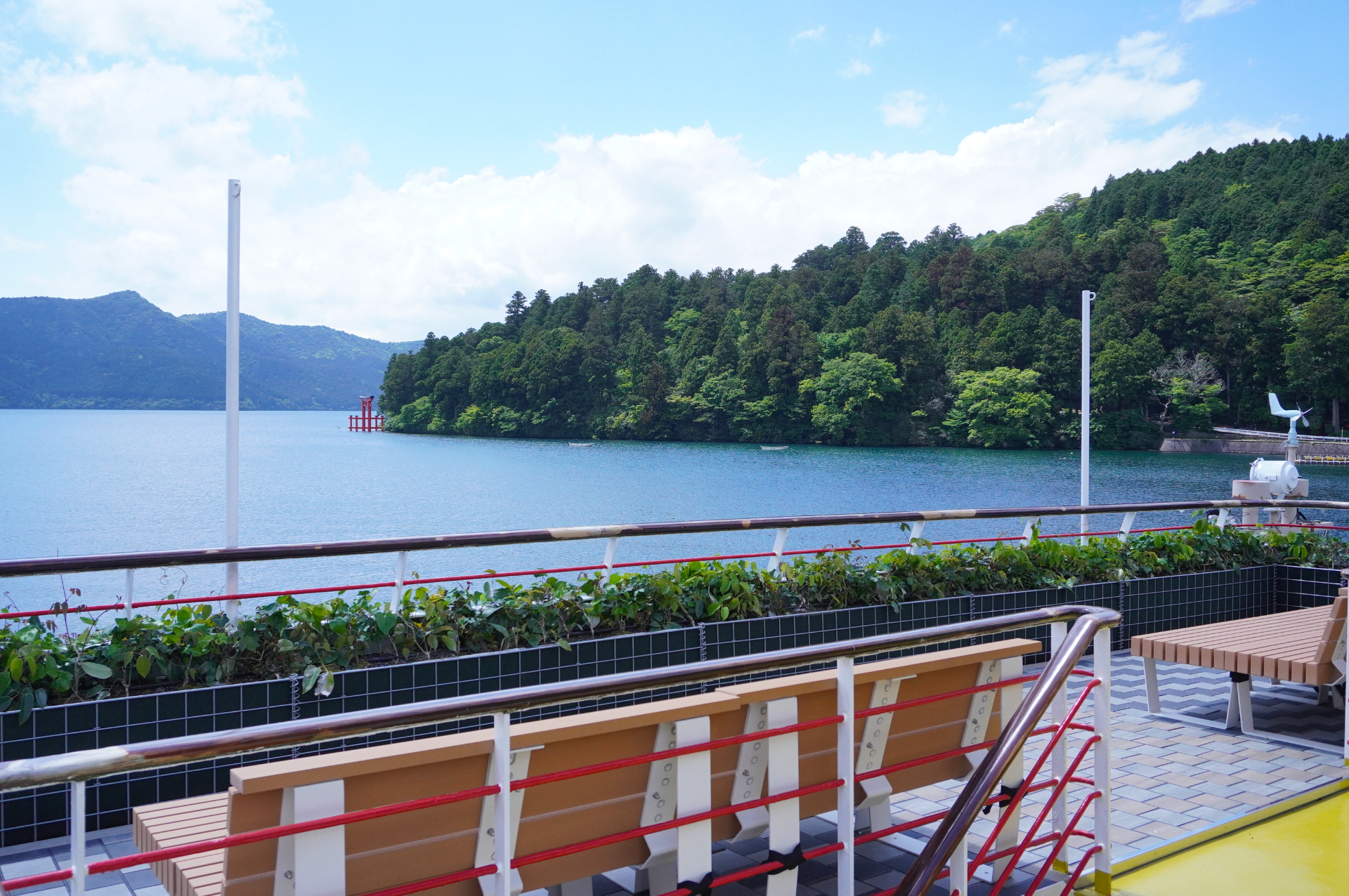 船尾には天然のツタを這わせた緑のカーテンと草花が咲くプランターなど