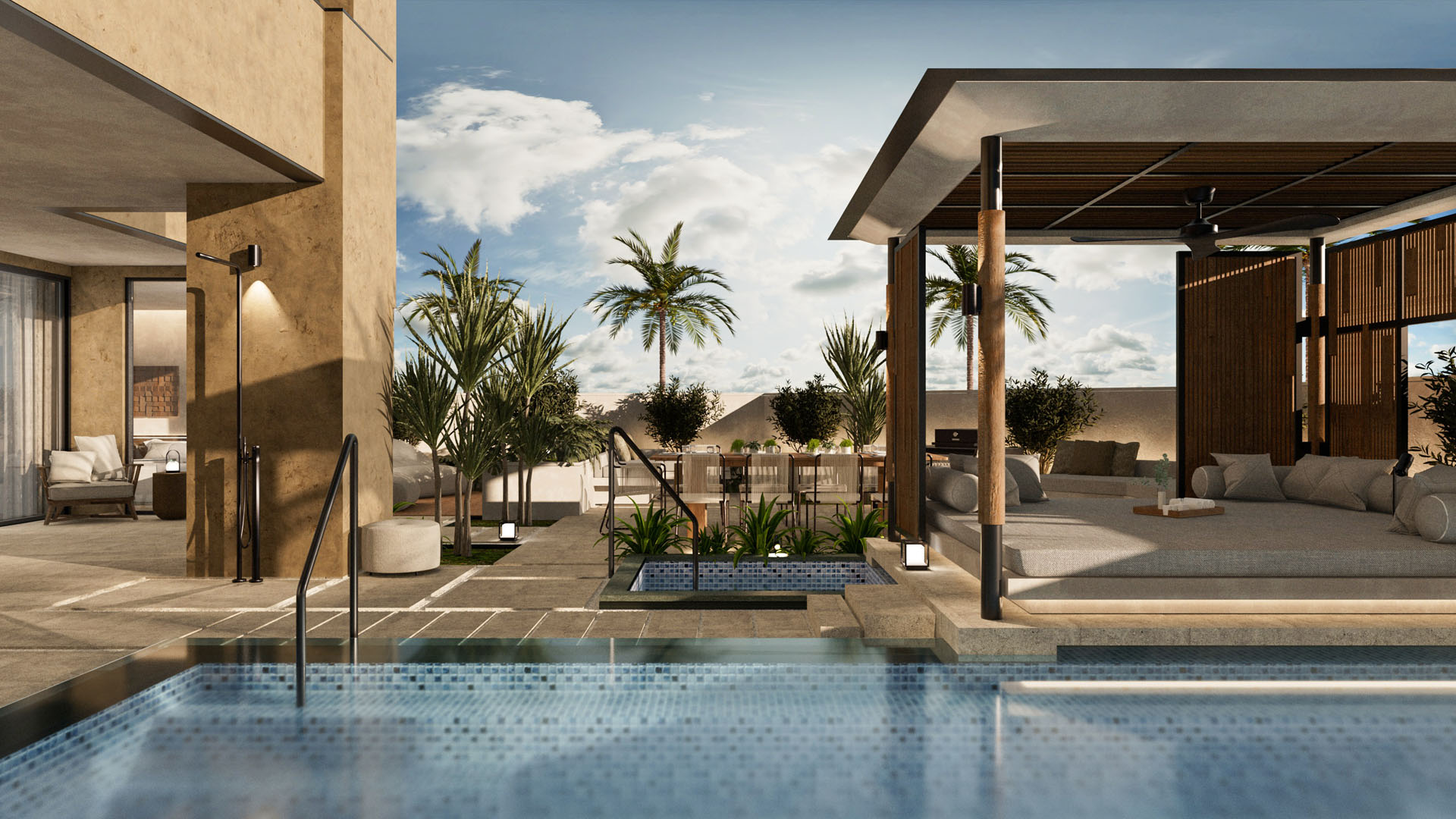 スイートルームにはサウナとガーデンプールも