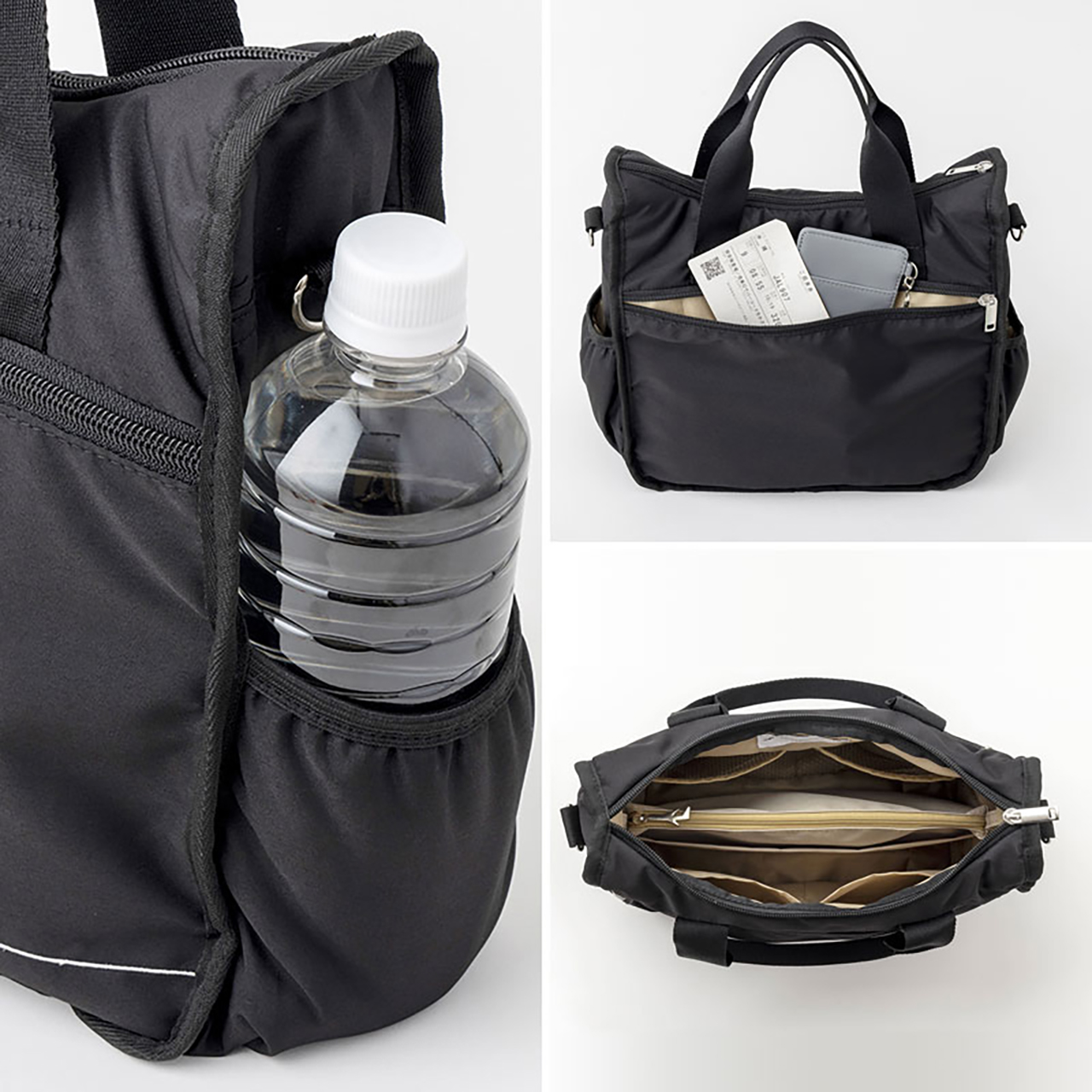 サイドと裏表のファスナーポケット、内側のポケット