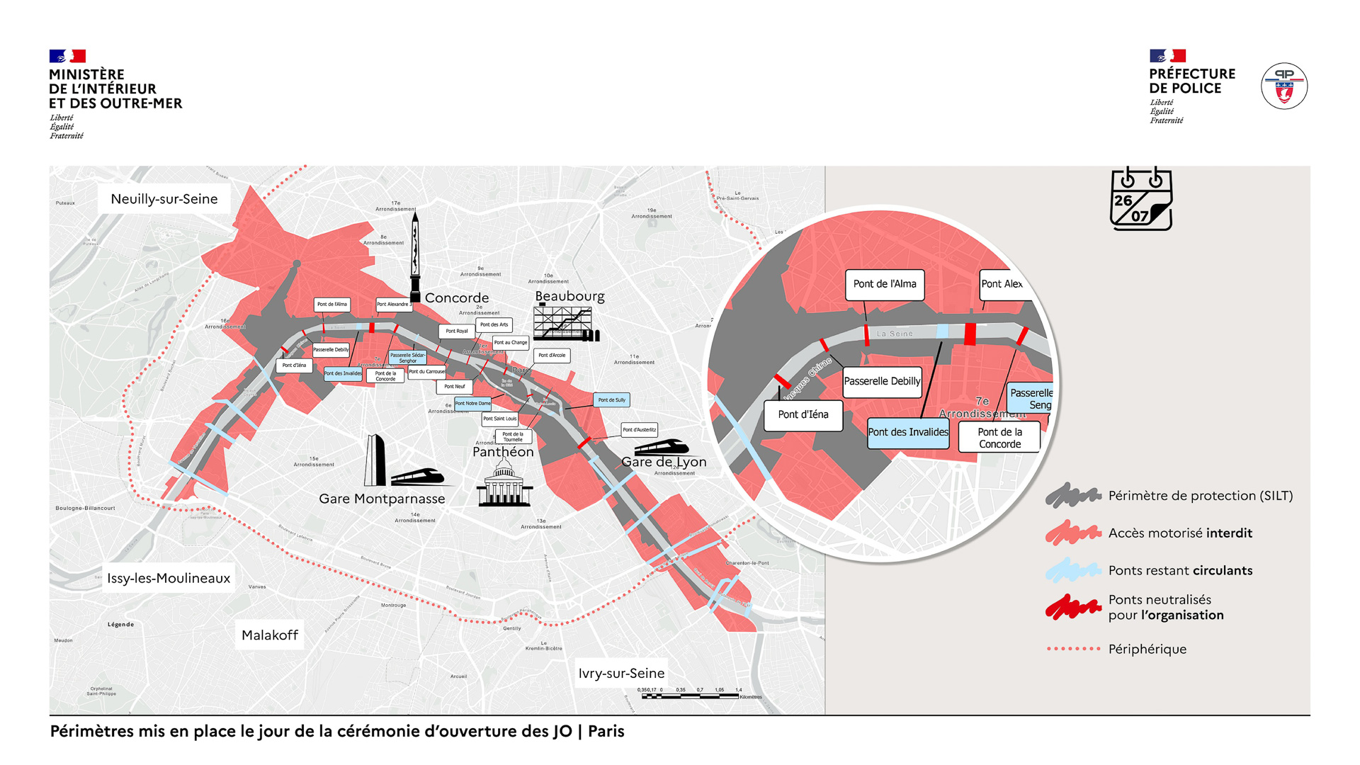 フランス内務省の出した開会式まで（上）と開会式当日（下）の交通規制に関する地図