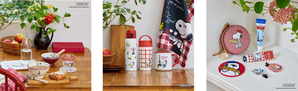 トレー/カフェオレボウル/ティースプーン/ケーキフォーク/タンブラー/コースター（左）、ワンタッチボトル/キャリーボトル/ステンレスマグ/ティータオル（中央）、ミニマルチケース/刺繍ミラー/ハンドクリームリップセット/メイク用マエガミクリップセット（右）