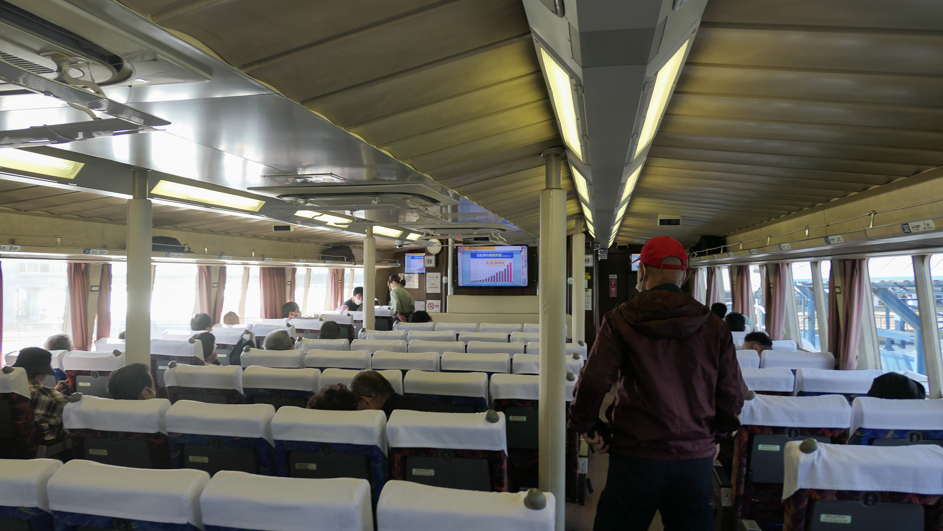 ジェットフォイルの船内と、島民割引の掲示。こういった割引施策による地元利用に支えられている