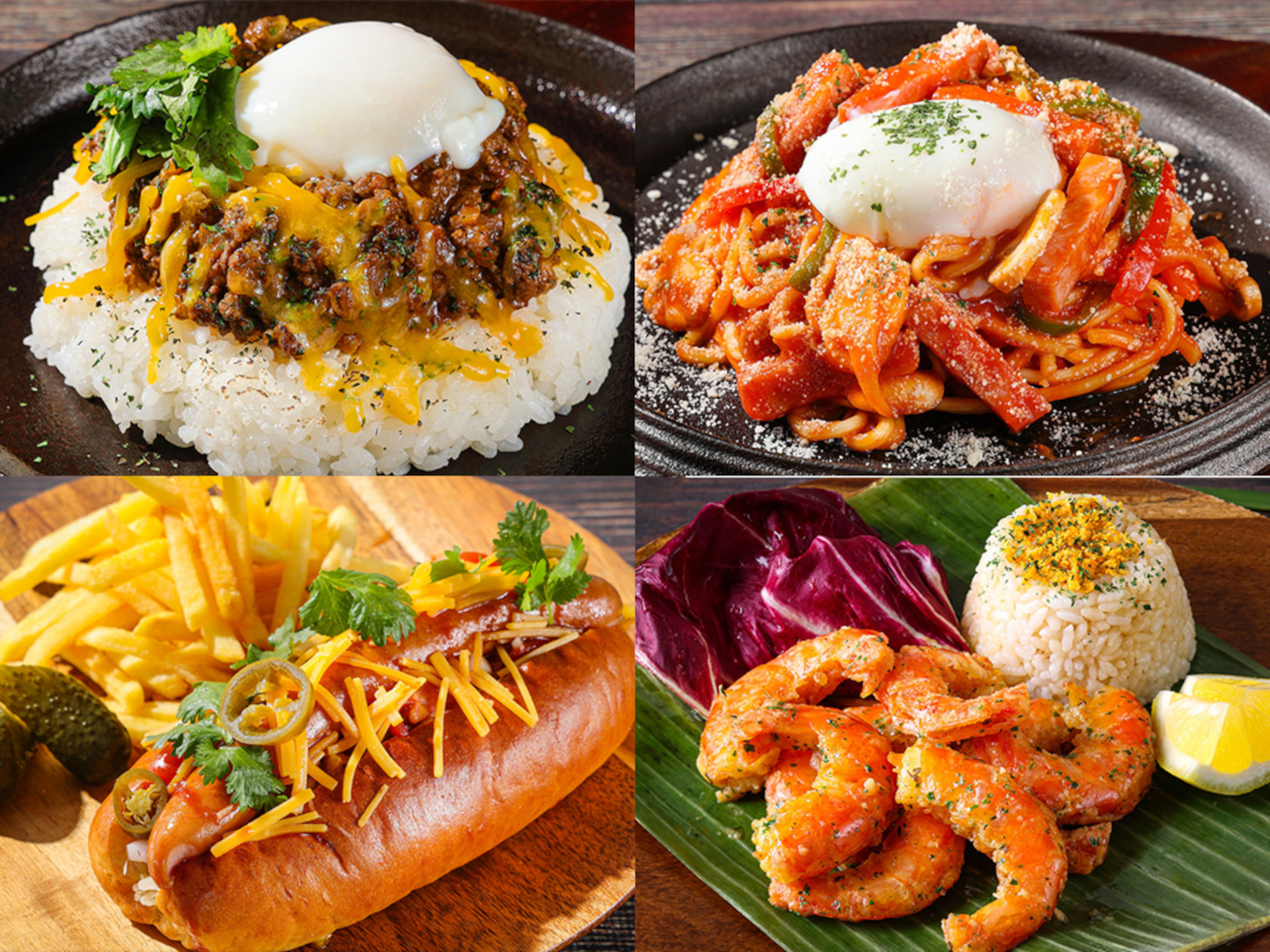 バーガーのほか、ボリューム満点な「ポークソーセージのホットドック」（通常3000円）など全5種類から選べる（いずれもコンビネーションサラダ付）