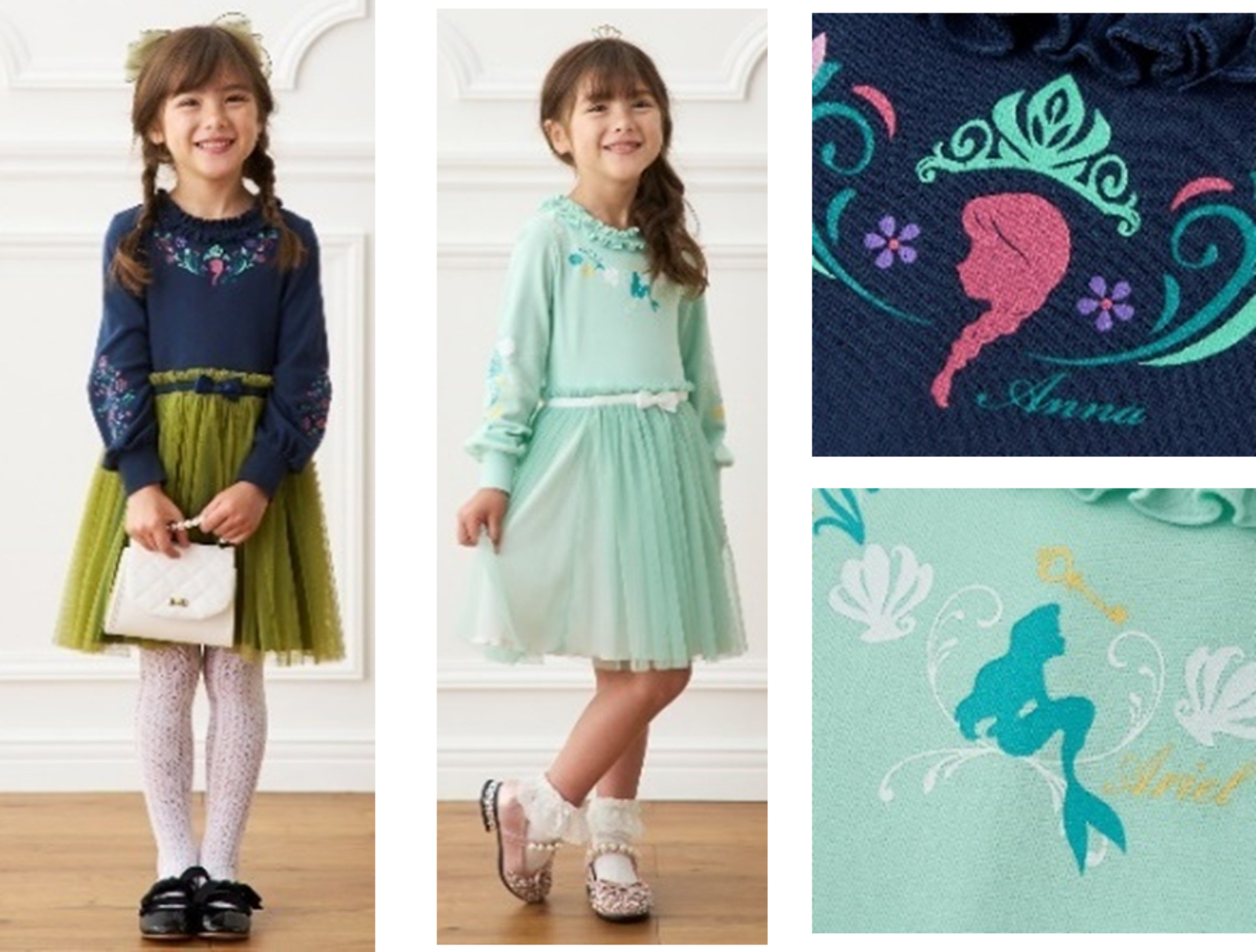 「＜キッズ＞長袖チュールドッキングワンピース（アナ・アリエル・エルサ・ラプンツェル・ミニーマウス）」（各3990円）