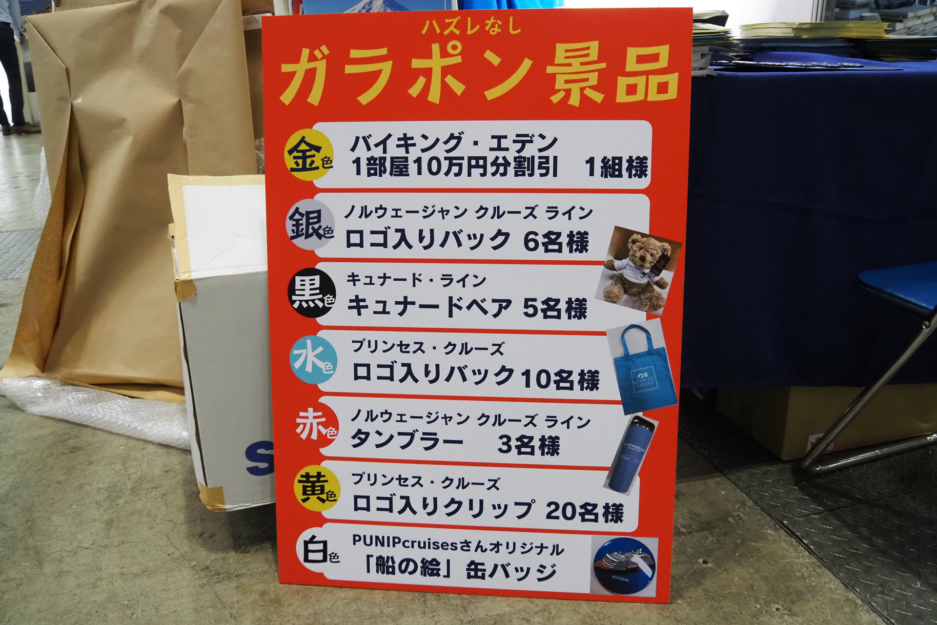 ガラポン抽選会では6種類の景品＋参加賞を用意