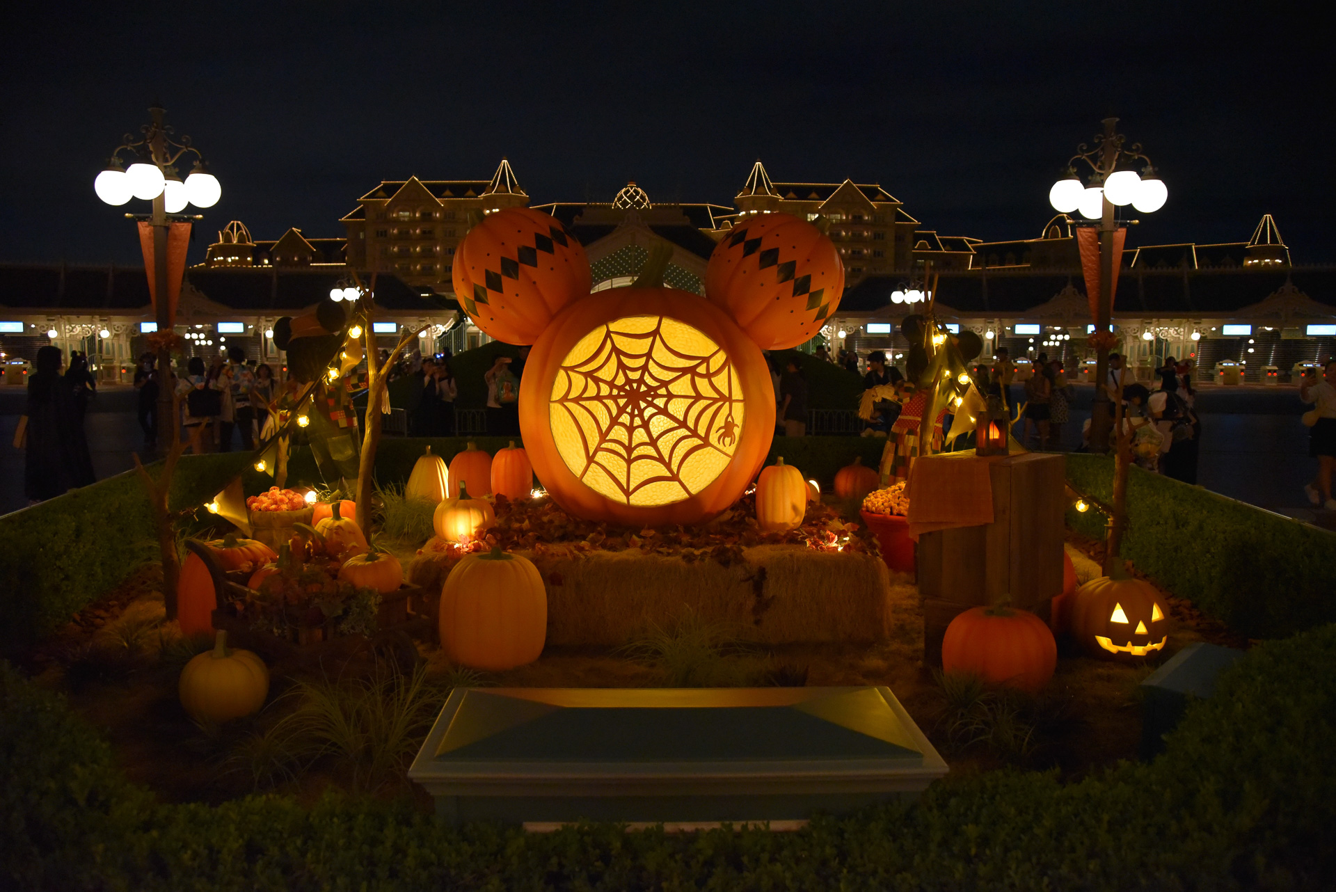 「ミッキー花壇」のジャック・オ・ランタンが怪しく輝いていた