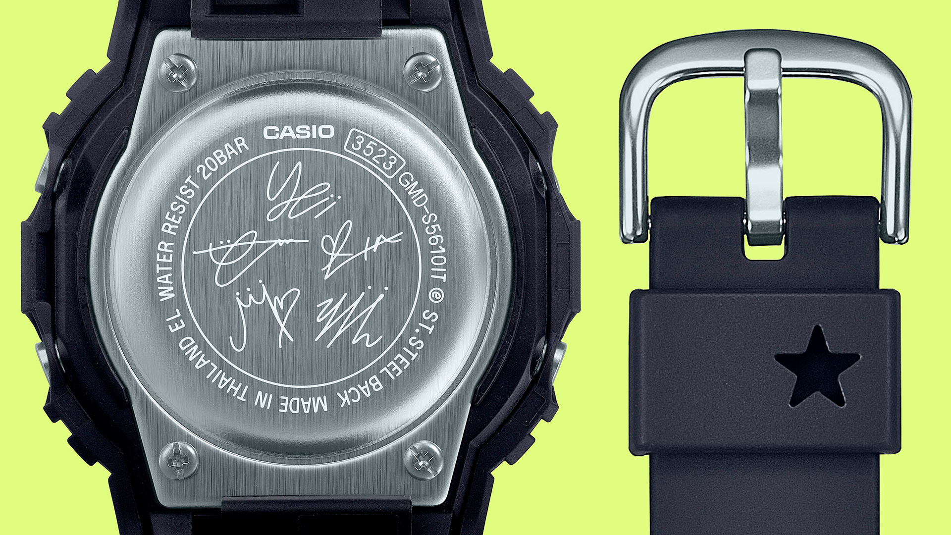 裏蓋にはメンバーのサインをプリントし、遊環には星マークの刻印