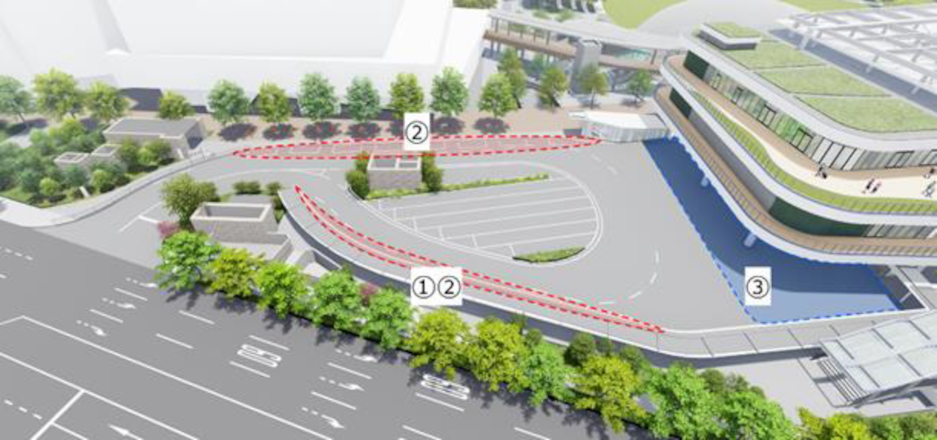 大阪駅（うめきたエリア）の地上部に、タクシー乗降場、一般車乗降場、大型バス駐車場を整備