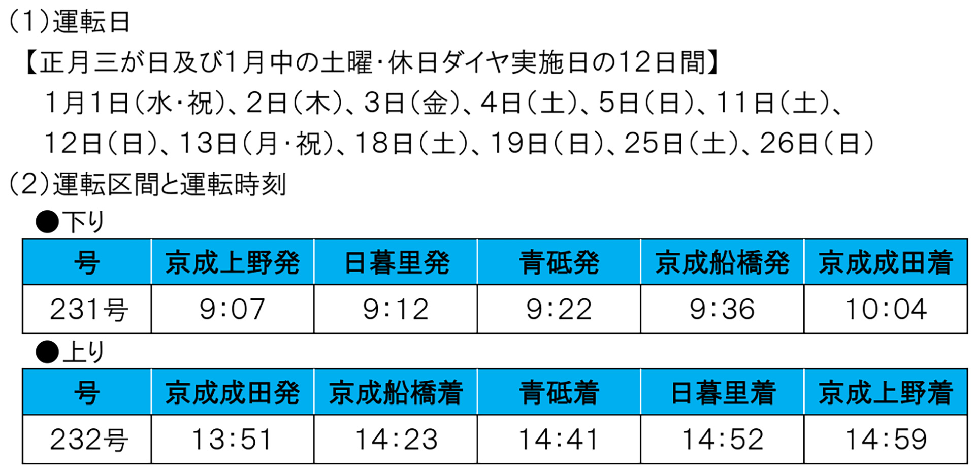 1月1日～3日、および1月中の土休日のダイヤ