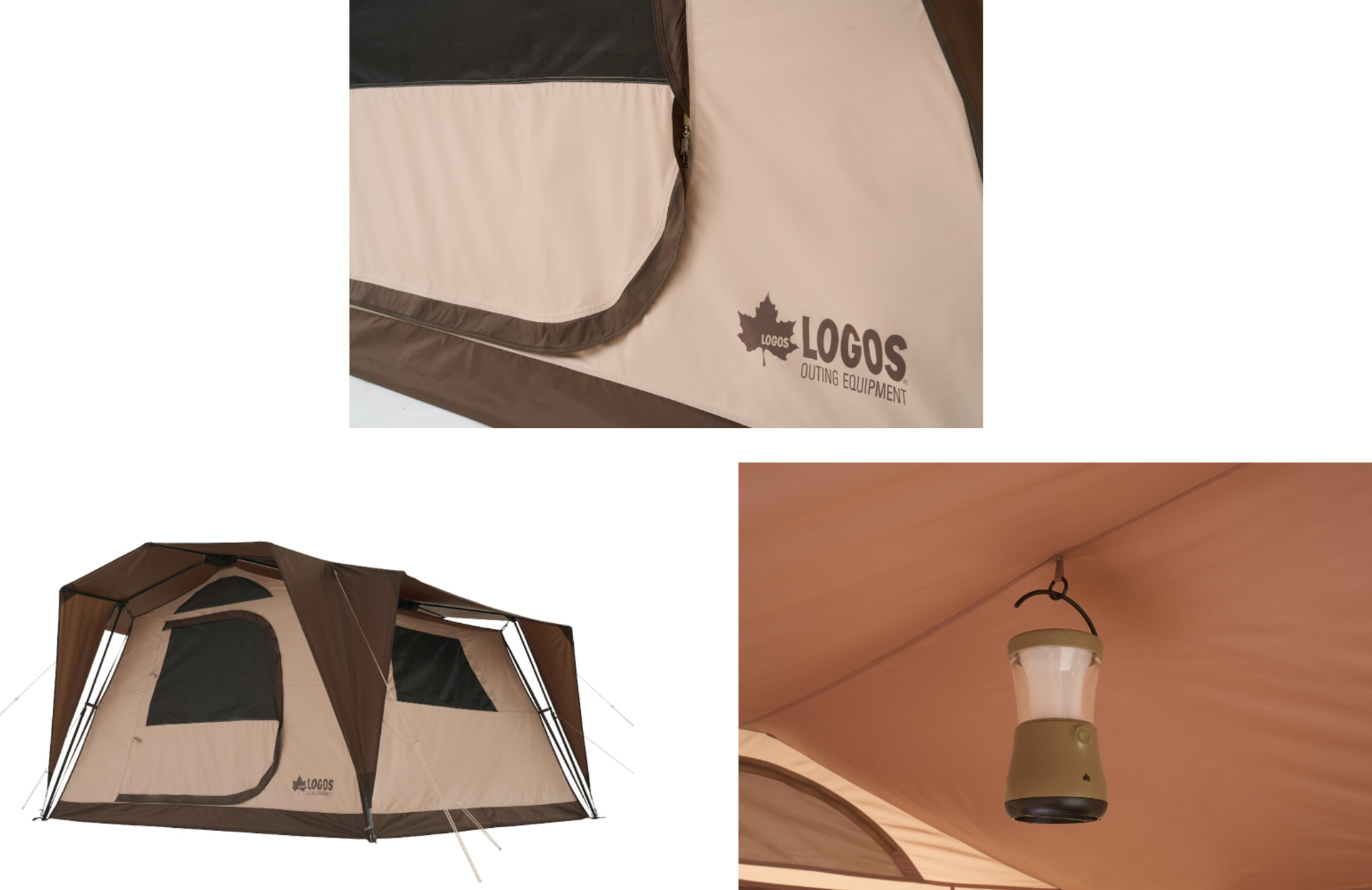 室内に雨が入り込まないよう正面ドアジッパーはフラップ構造。テント前後左右に設けたひさしで直射日光を遮り、雨の降り込みも軽減。天井部にはランタンなどを吊り下げられる