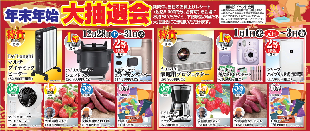 12月28日～31日と2025年1月1日～5日で景品が異なる