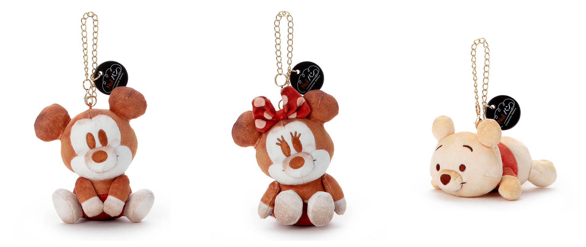 「Nuiパン チェーンストラップマスコット」の「キャラクターパン（すわり）ミッキーマウス/ミニーマウス」（各2200円）、「キャラクターパン（おねんね）プー」（1980円）