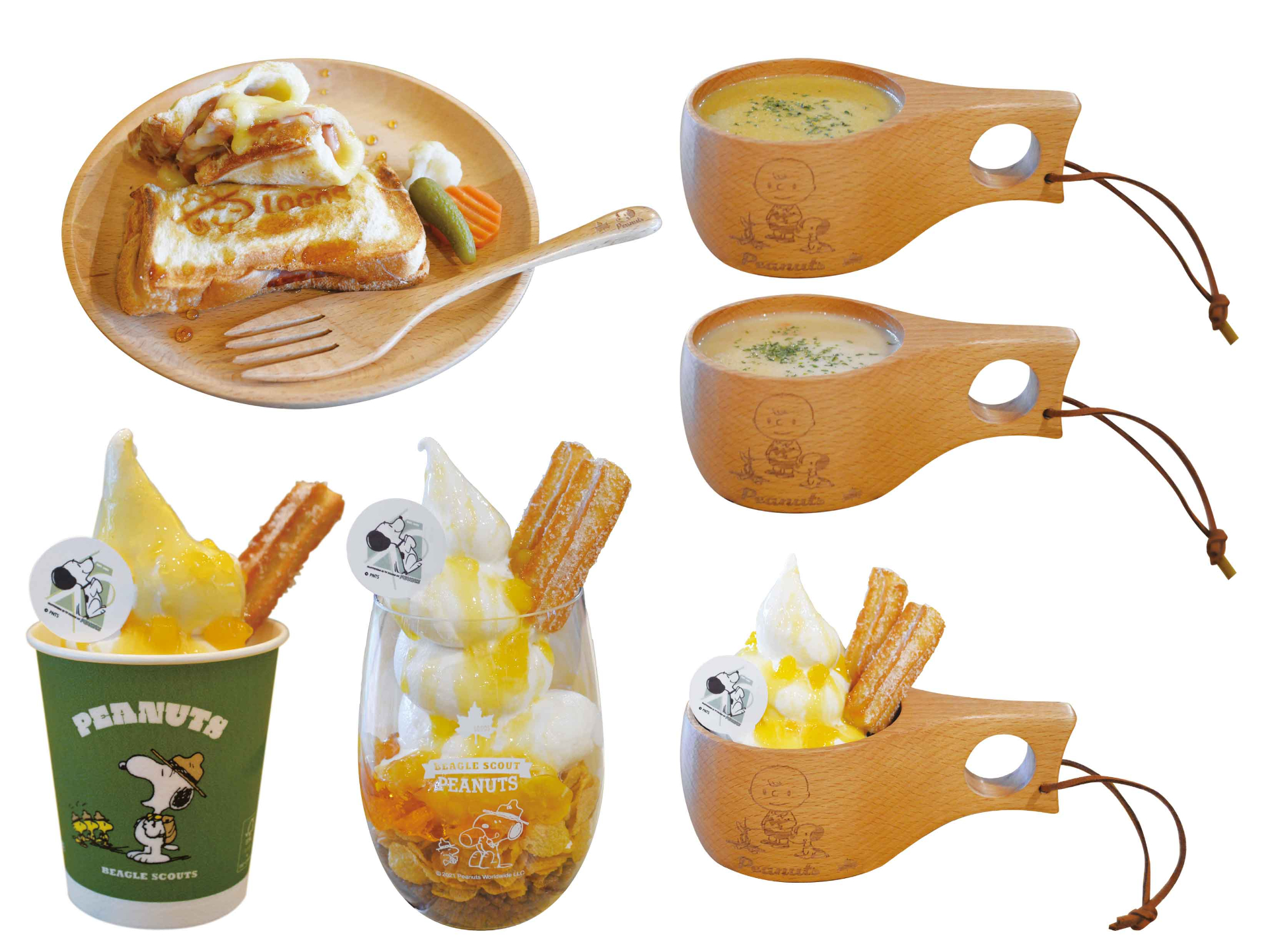 ロゴスカフェで発売するコラボ記念メニューは、ククサ付きスープ2種（各3550円）、ククサ付きチュロスサンデー（3750円）、タンブラー付きチュロスサンデー（1550円）、チュロスサンデー（600円）、ベーコンチーズのホットサンド メイプルシロップ（770円、ランド・門真・ATC店のみ販売）