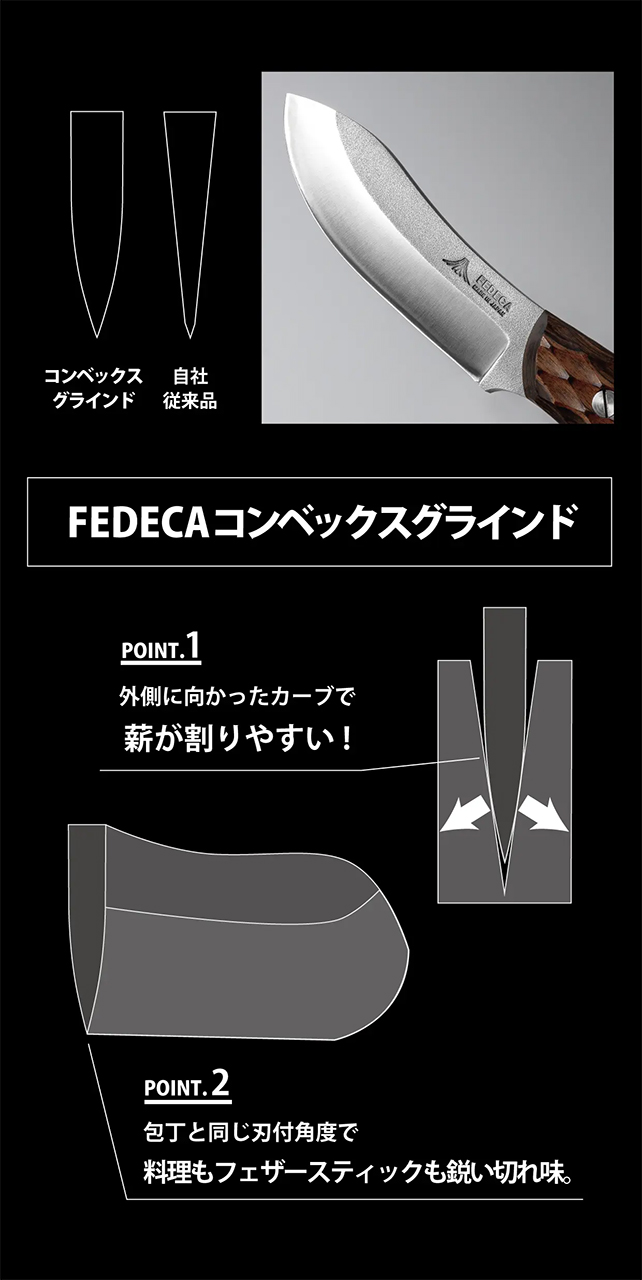 薪を割りやすい刃のカーブと料理やフェザースティックに使いやすい刃付角度