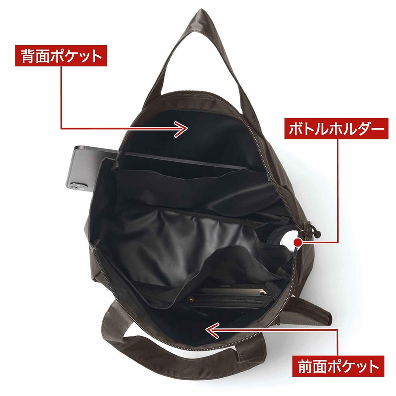 メイン収納内には背面と前面にポケットと、ボトルホルダーがある