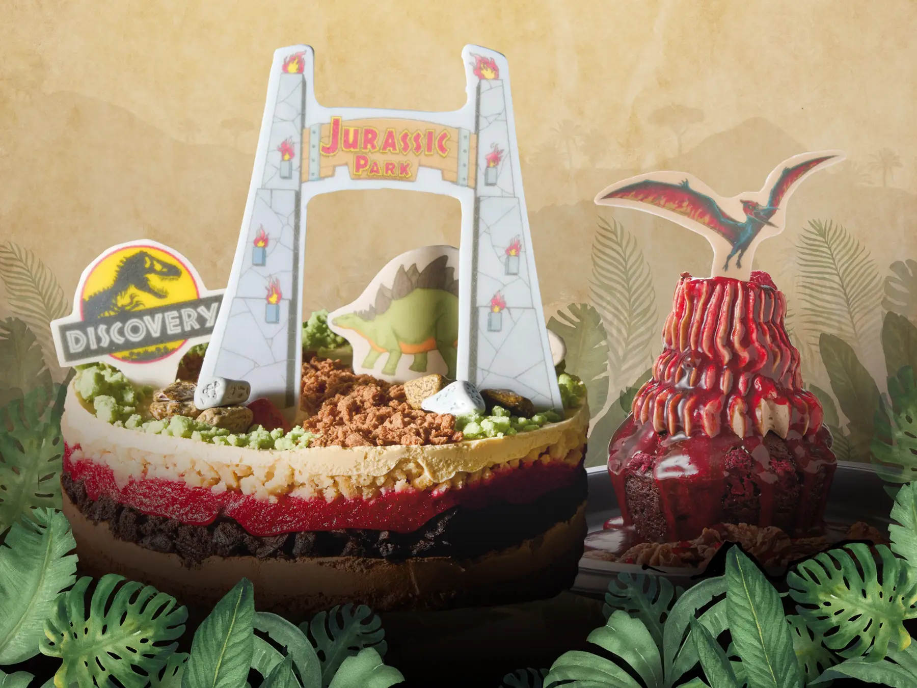 ジュラシックパーク・ケーキ（左）、フライングダイナソー・カップケーキ（右）