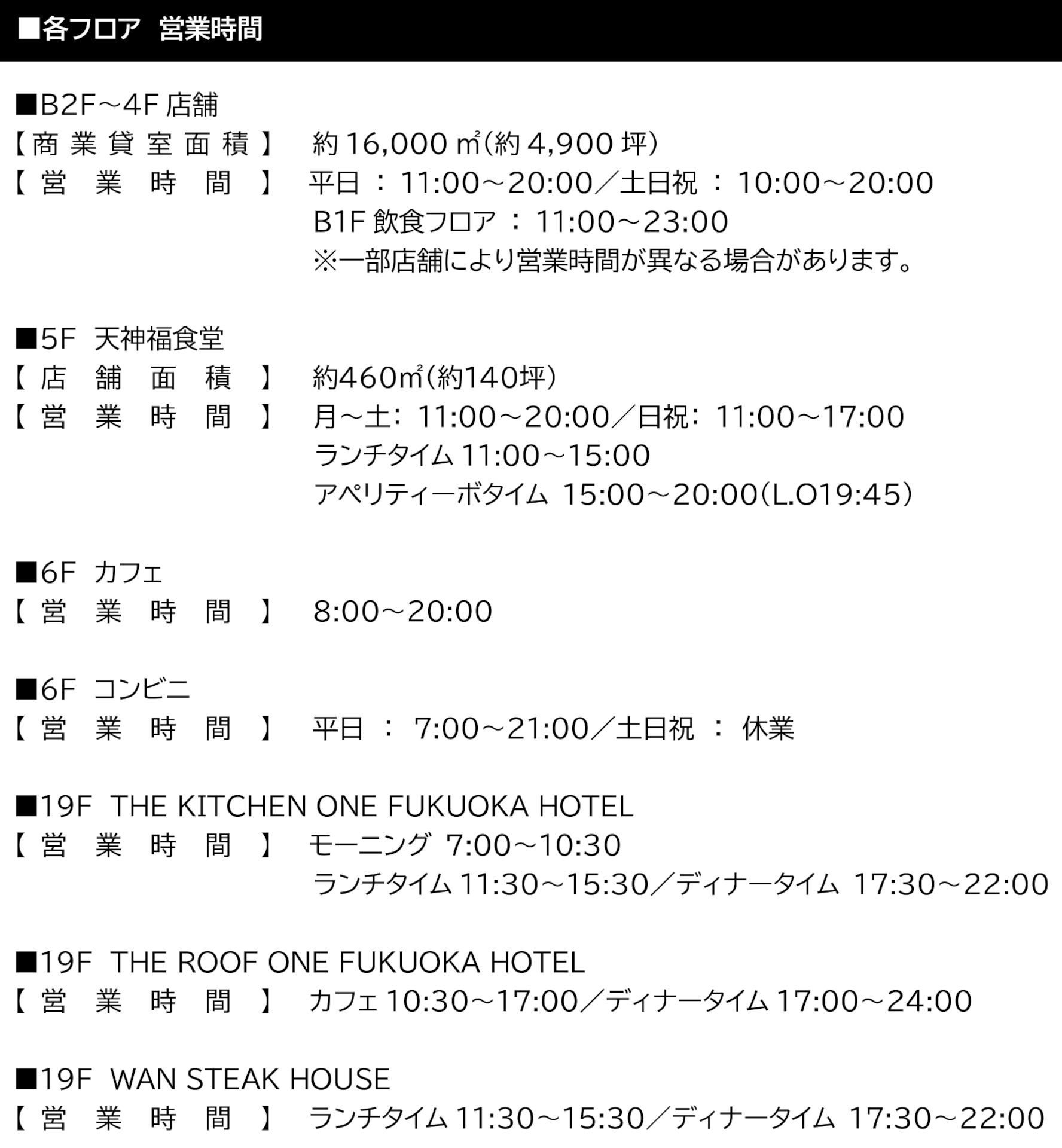 各フロア営業時間