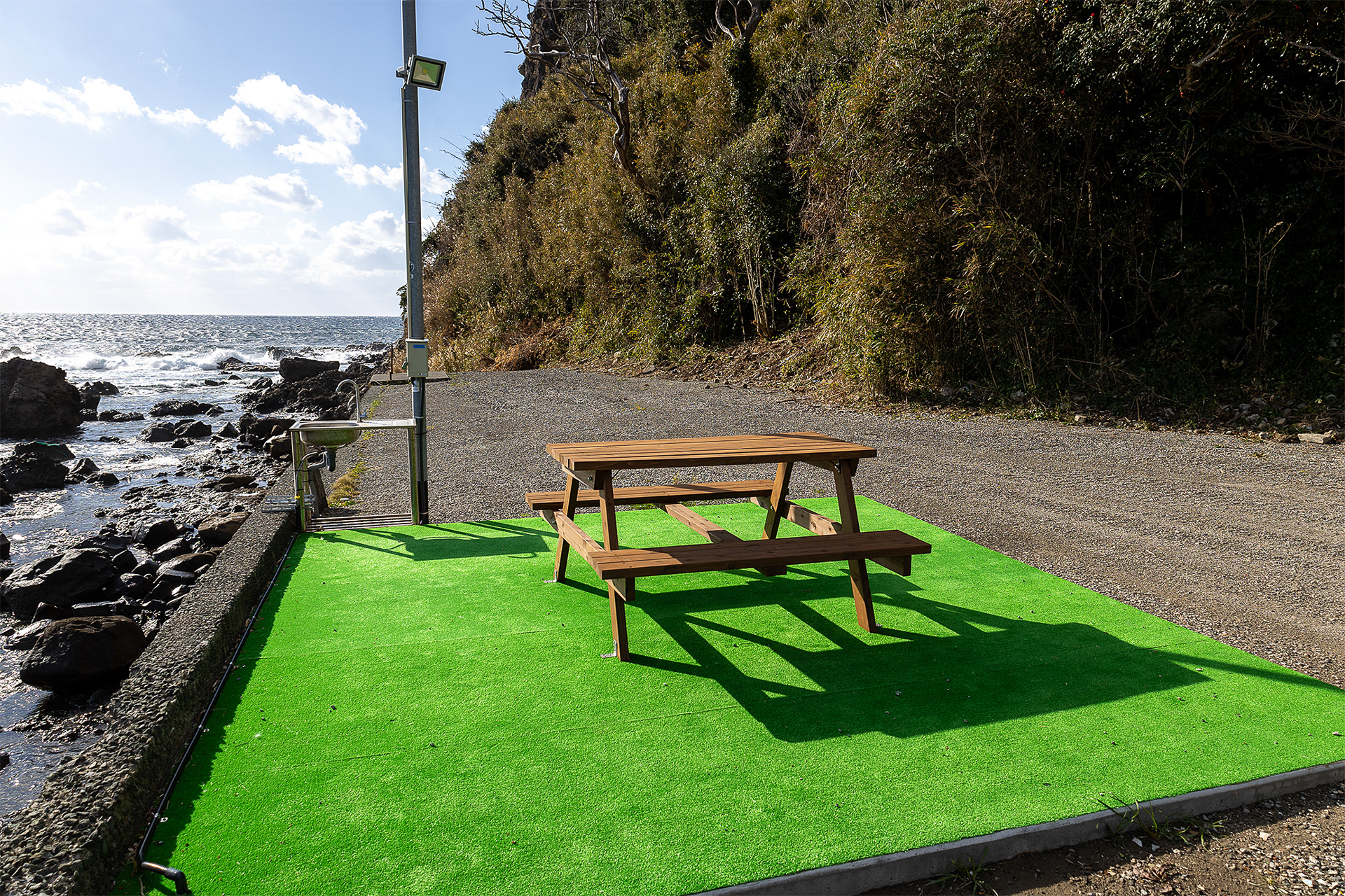 奥にもスペースがあるがRVパークではないので、クルマを停めたりテントを展開したりしないこと