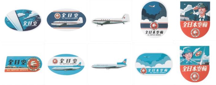 レトロモチーフ ステッカー5枚セット。上が「ANAショッピング A-style」、下が「ANA STORE@SKY」のデザイン