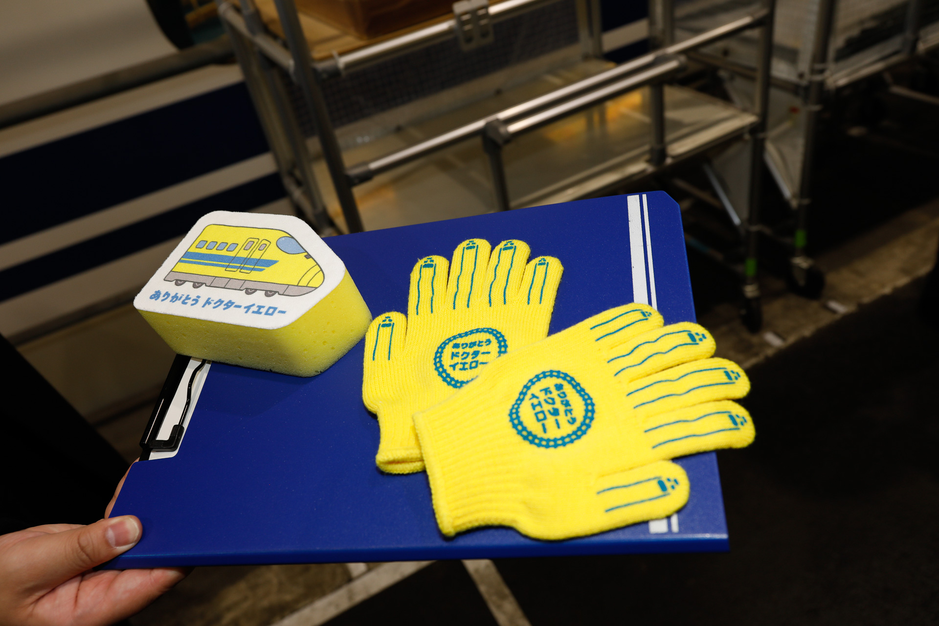 今回、参加者に配布された特製のスポンジと手袋。もちろん持ち帰りが可能である。もったいないといって手袋を使わなかった参加者もいた様子