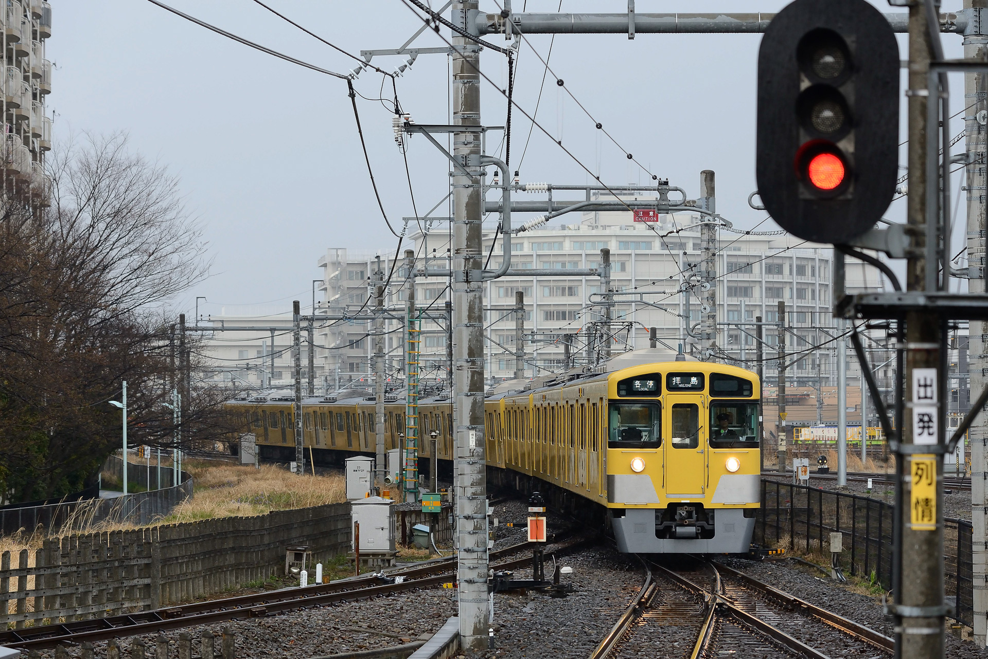 拝島駅のすぐ先にあるのが、問題の平面交差。普段はこうして西武の電車が通っているが……