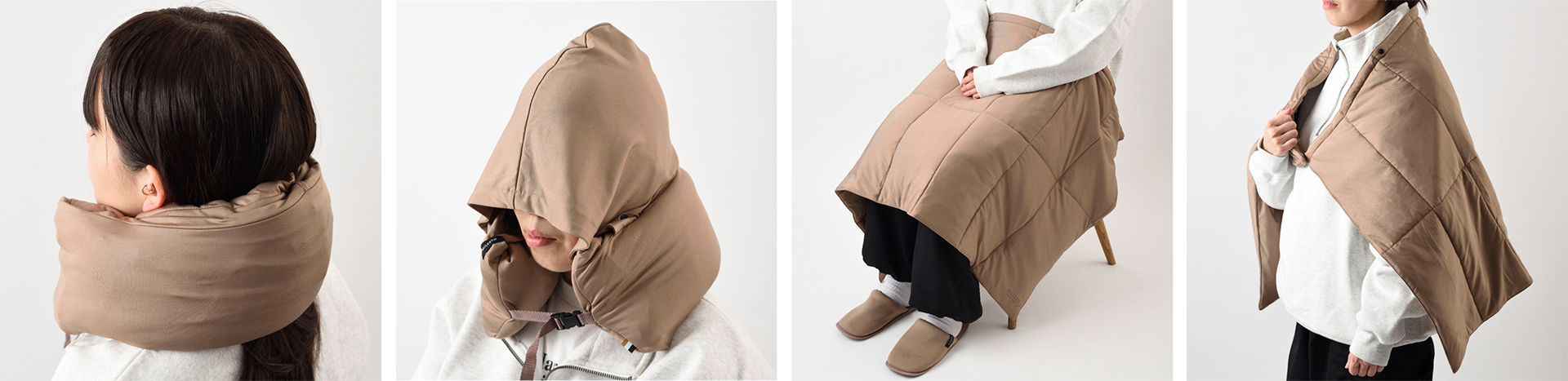 ネックピロー、フード付きネックピロー、ブランケット、ボレロの4WAY