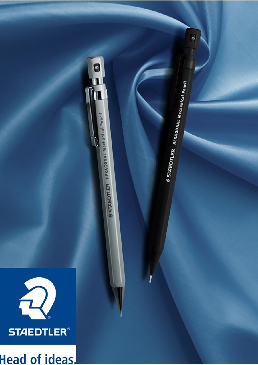 ドイツの筆記具メーカー・ステッドラーの製図用「ヘキサゴナルシャープペンシル」。クリーンブラック、シルキーシルバーの2色