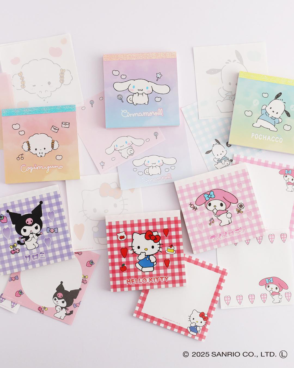 ハローキティやマイメロディ、ポチャッコなどのメモ帳 &copy;2025 SANRIO CO., LTD.