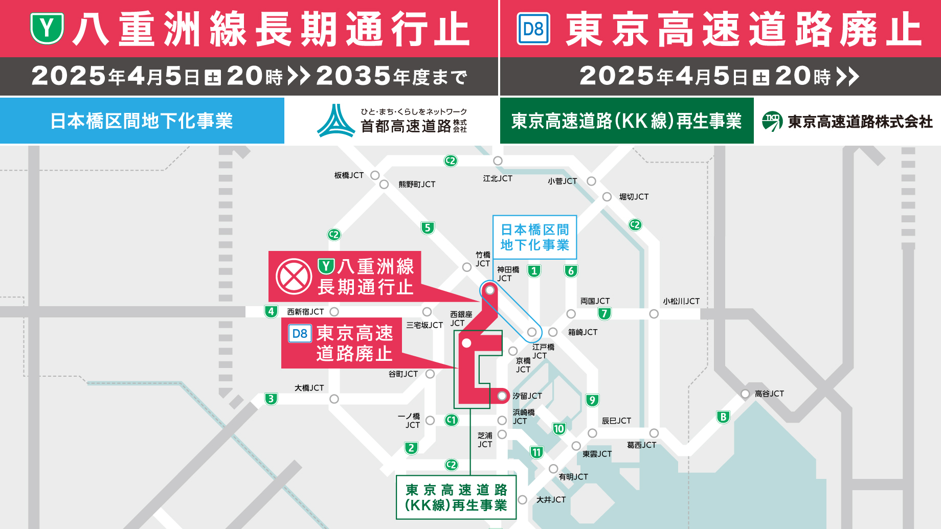 高速八重洲線の長期通行止め開始、KK線の廃止は4月5日20時に決定