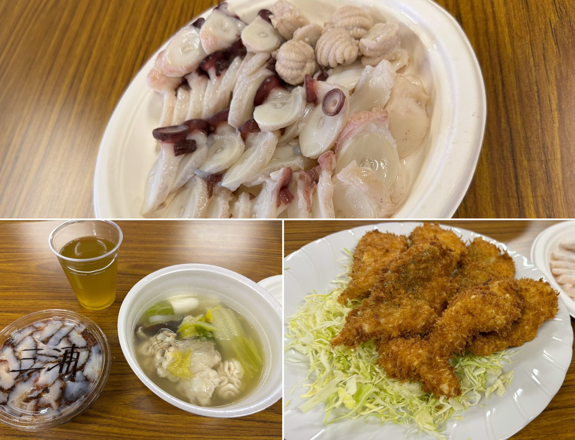 漁師飯（上：ゆでたタコの刺身、左下：さばいたナマコとタラ汁、右下：タラフライ）。特に獲れたてのタラで作るタラフライはふわふわで感動しました！