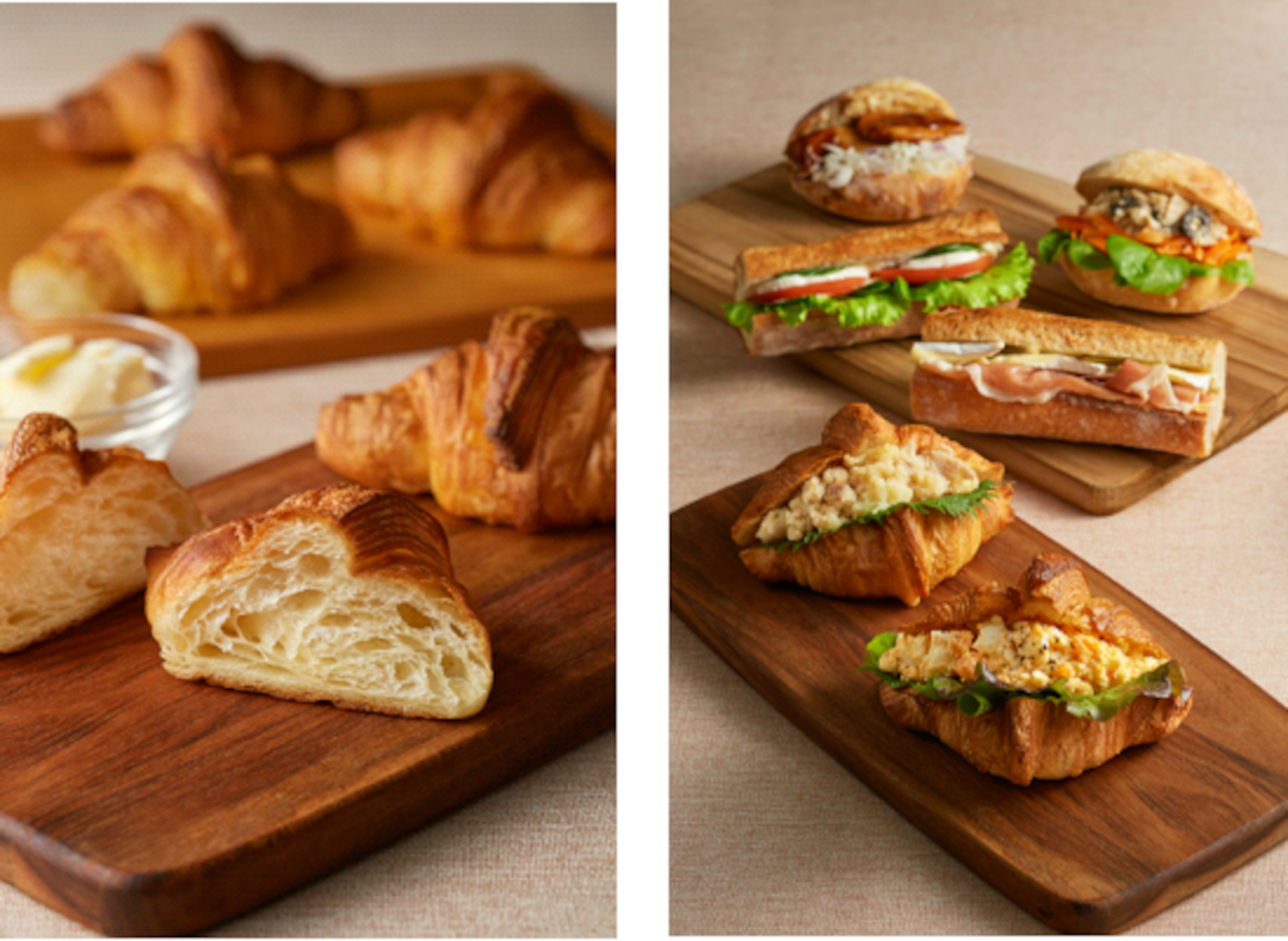 上質の発酵バターを使ったおすすめ「クロワッサン」に加え、いろんなシーンで食べやすい「クロワッサンサンド」や「バゲットサンド」が新登場