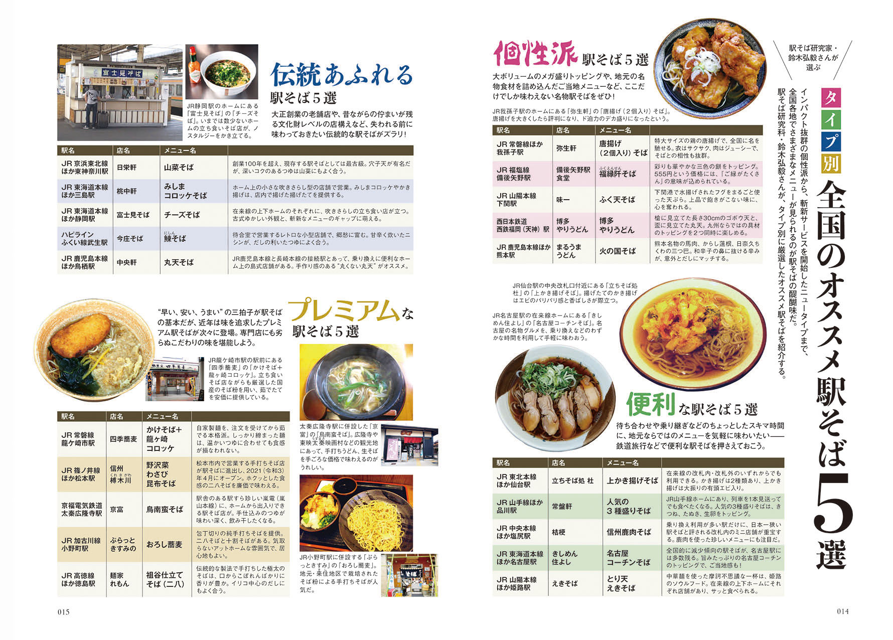 駅そば研究家・鈴木弘毅さんが選ぶ「タイプ別 全国のオススメ駅そば5選」ほか、さぬきうどん巡礼、駅そばインタビューなどを掲載