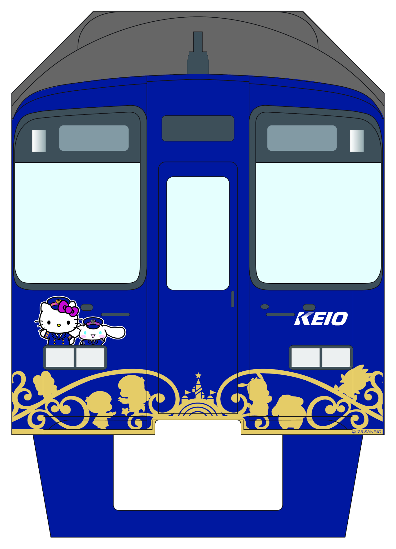 ハローキティをはじめとするサンリオキャラクターたちが京王電鉄の制服を着て登場するラッピングトレイン