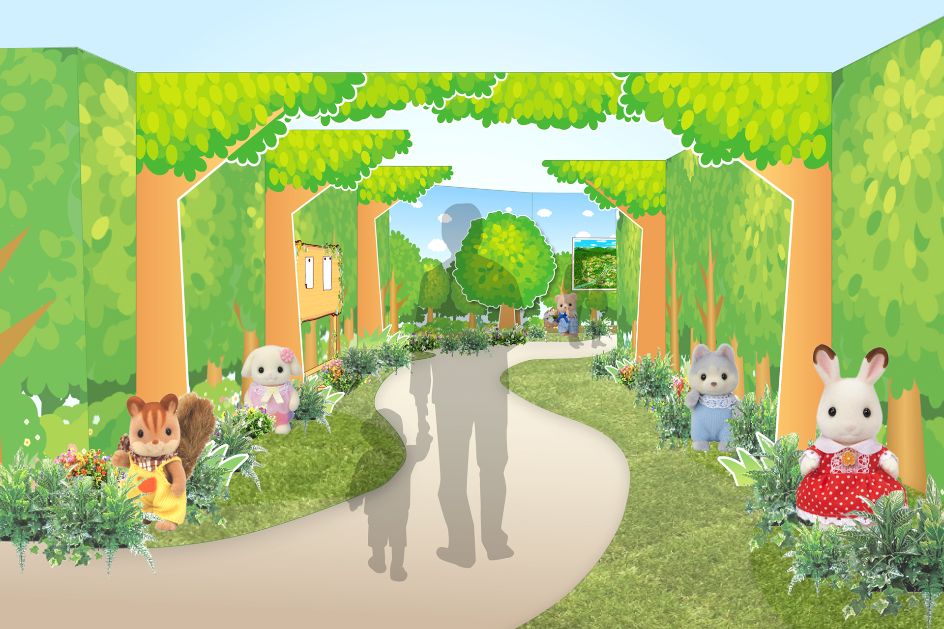 入口は森の小道としてシルバニアファミリーがお出迎え