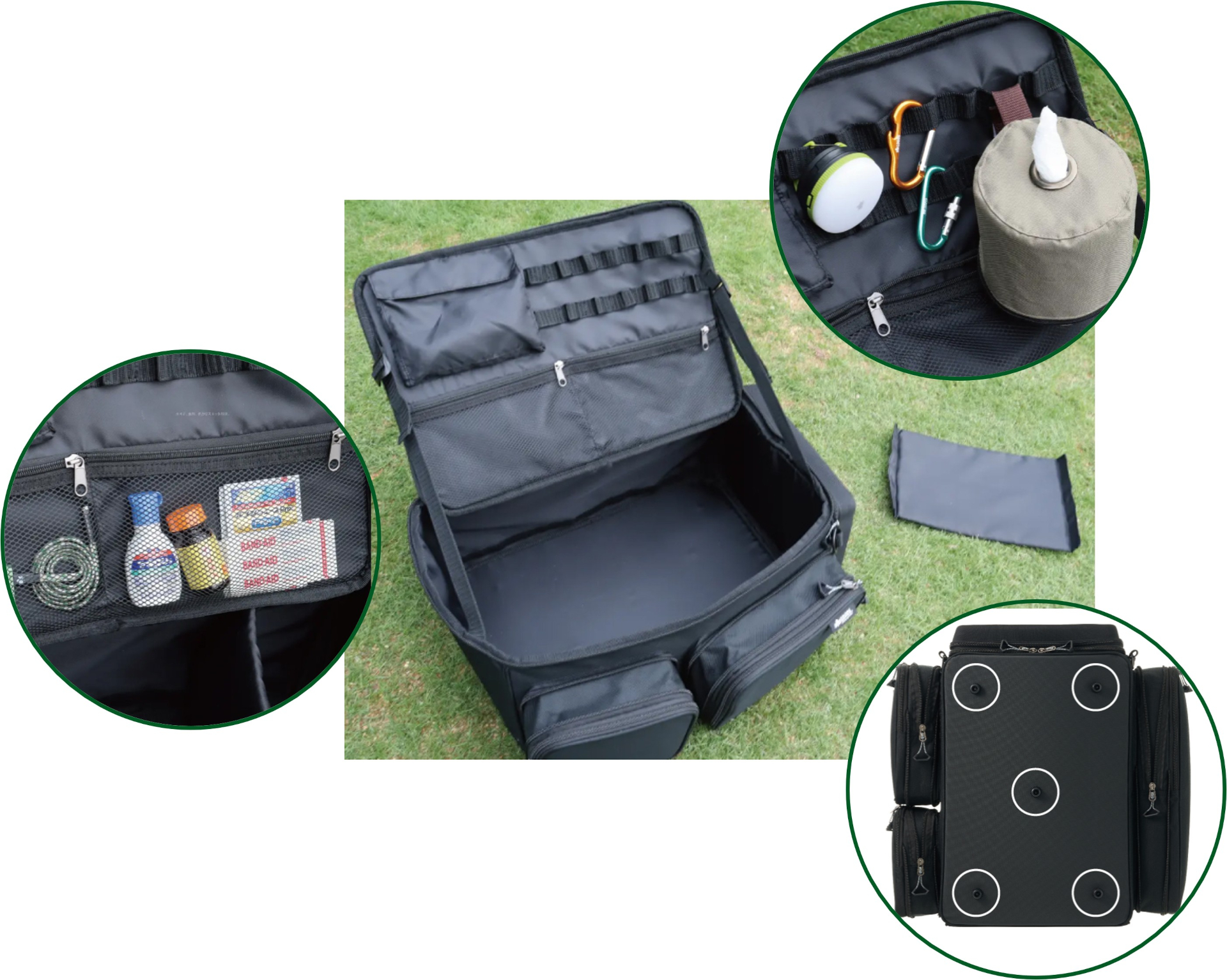 メッシュポケットやカラビナを取り付けられるループを搭載。接地面にはスタンドパーツも配置