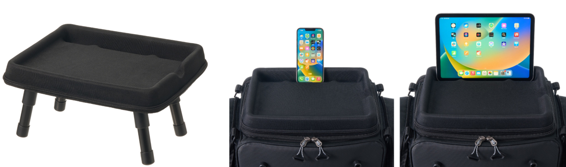 テーブルはリュックから取り外し可能。溝にスマホを置けて、動画を見たり撮影したりするのに便利