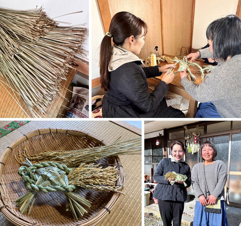 草結いでの七島藺を活用した民芸品作り体験（左上：七島藺、右上：作業風景、左下：完成した作品、右下：草結いの田端さまと）