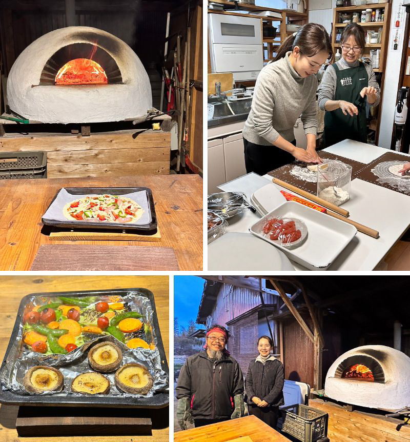 たまちゃんファームでのピザ作り体験（左上：手作りのピザ窯とピザ、右上：ピザ作り体験、左下：ピザ窯で焼いた地元のお野菜、右下：農家の小玉さまと）