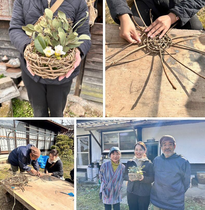 安部自然農園でのかずら編み体験（左上：完成したかずら編みの作品、右上：作業風景、左下：教わっている所、右下：農家の安部さまご夫妻と）