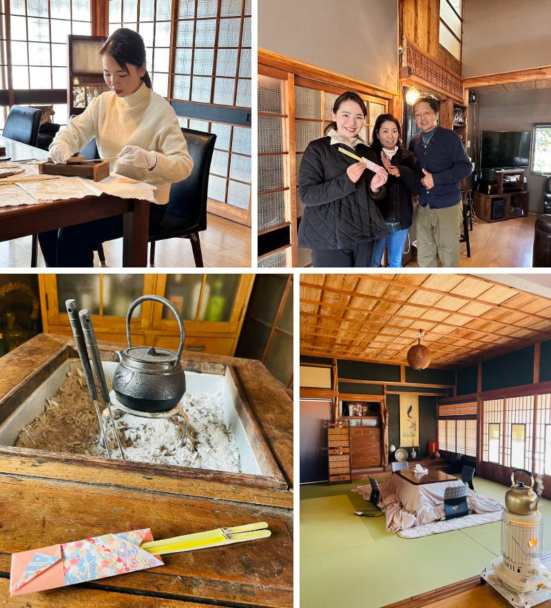 古民家Villa Kobataでの箸つくり（左上：作業風景、右上：古民家の土谷さまご夫妻と、左下：完成した箸、右下：古民家のお部屋の様子）
