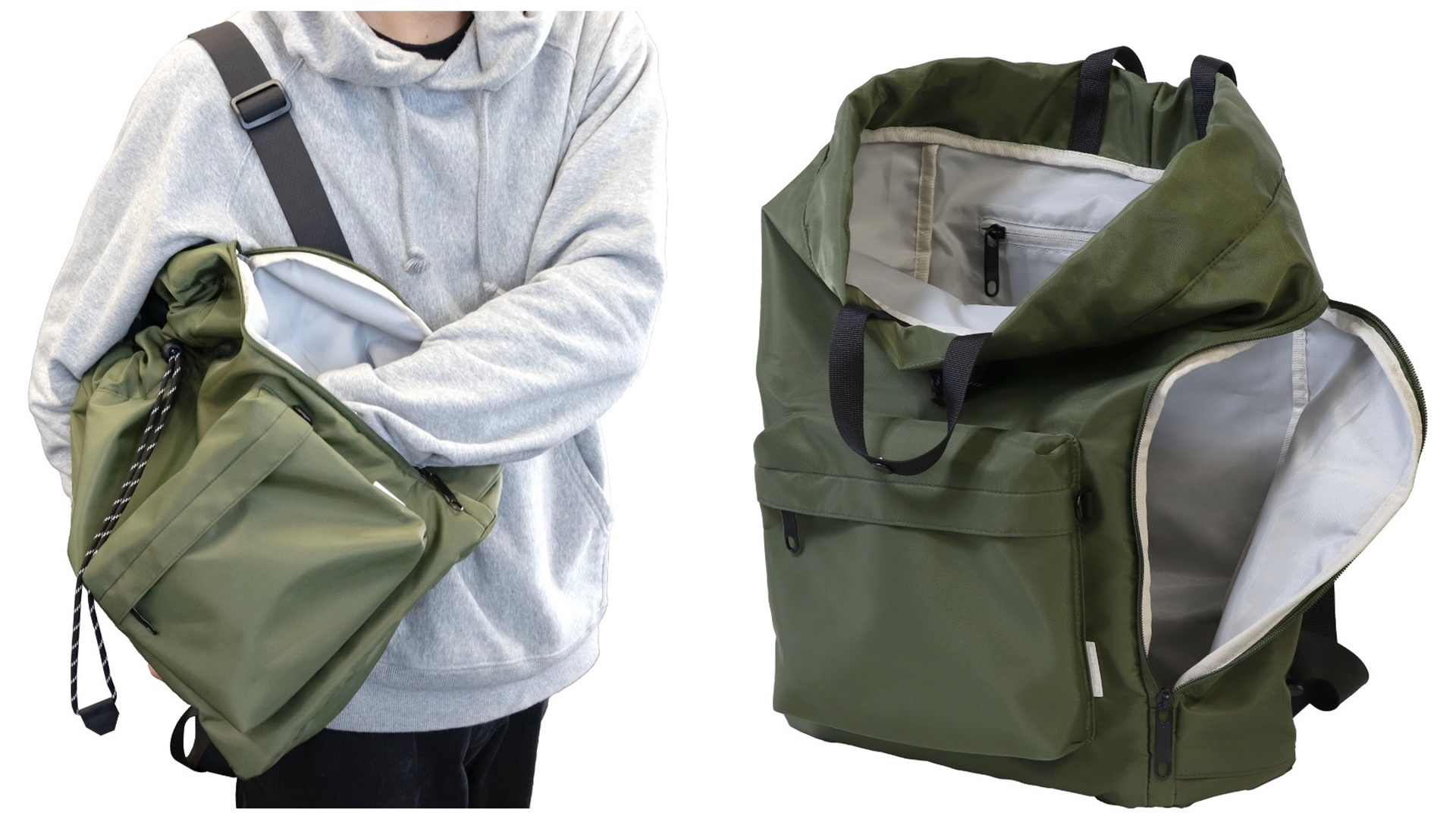 開口部は巾着タイプで大きく開き、横からも荷物を取り出せるサイドファスナーも搭載