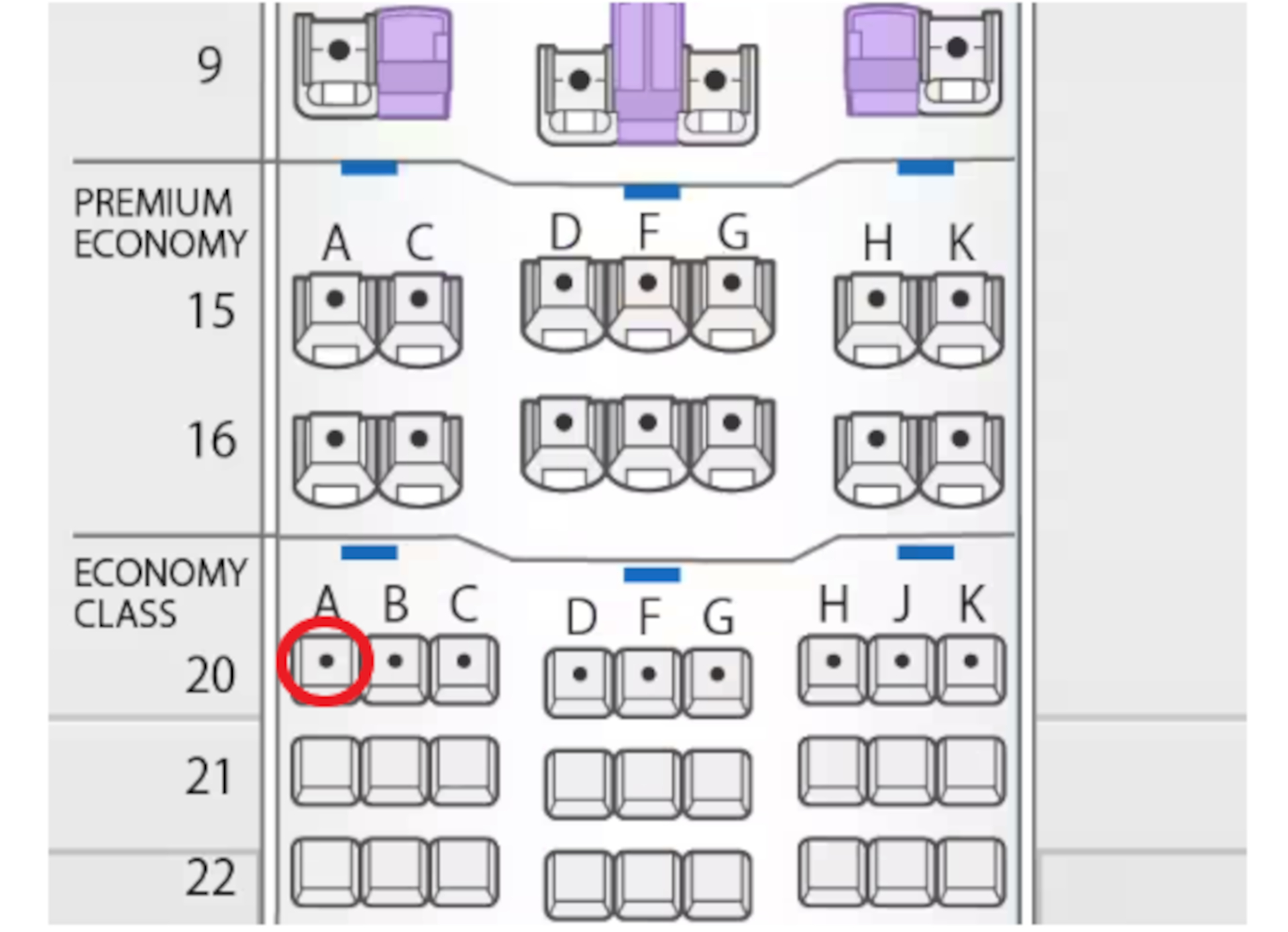 シートマップでいうと20列ABC-DFG-HJK席がバルクヘッド席。赤丸で囲ったのが今回座った席