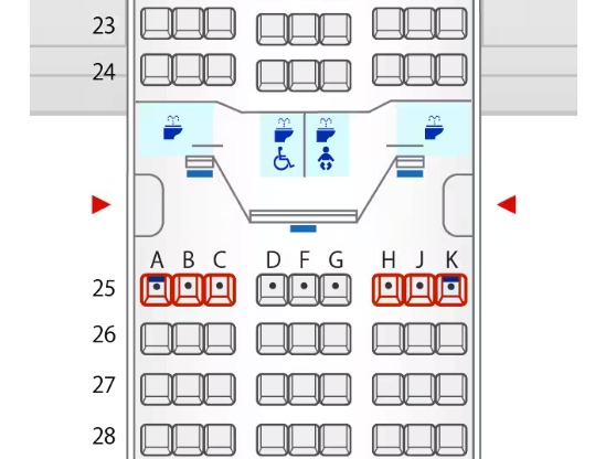 シートマップでいうと赤で囲われた25列ABC-HJK席が非常口席